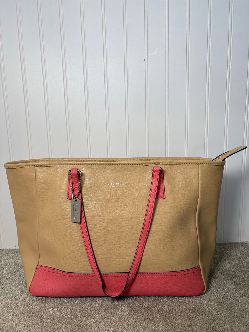 Coach Saffiano Medium City Tote- Camel + Coral